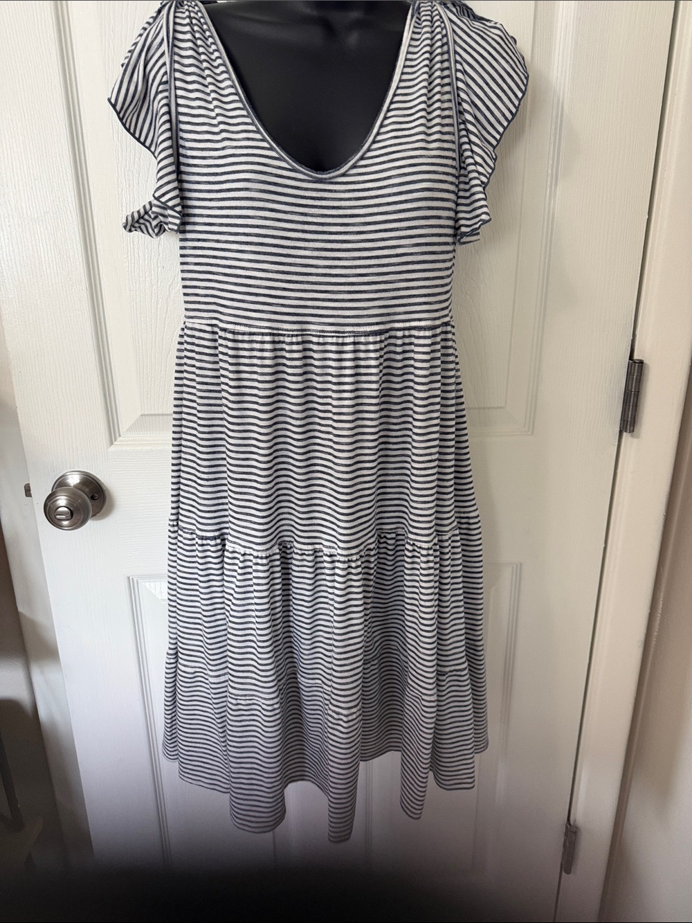 Max Studio Black and White Striped Tiered Midi Dress